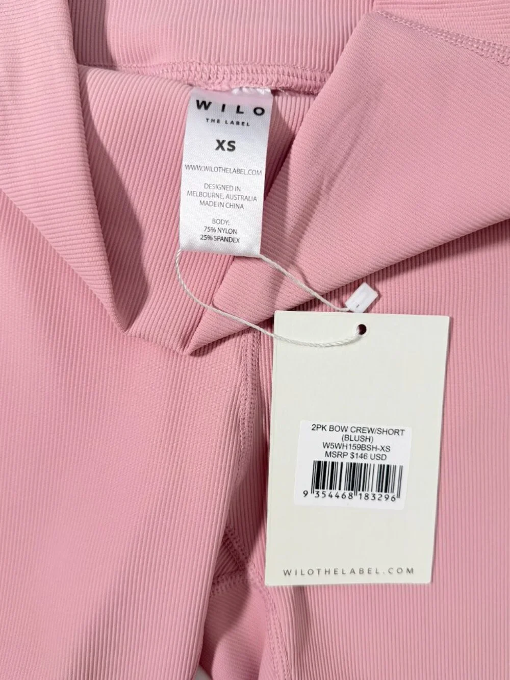 WILO THE LABEL Pilates Bow Crew & Shorts Blush ExtraSmall NWT 2-Piece Lounge Set